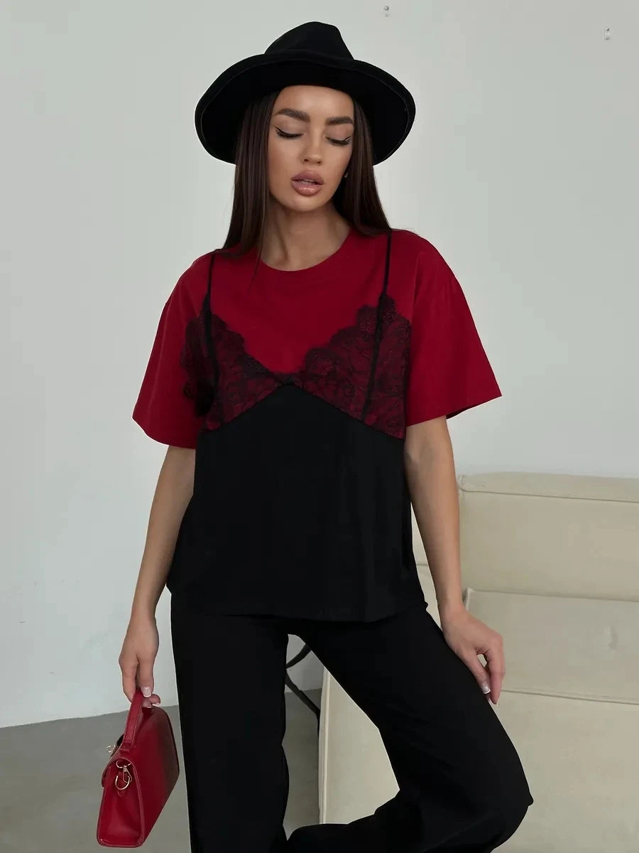 Hirsionsan Elegant Cotton T Shirt Women 2026 Summer Oversized Tee Casual Loose Lace Patchwork Tshirt Chic Vintage Female Tops
