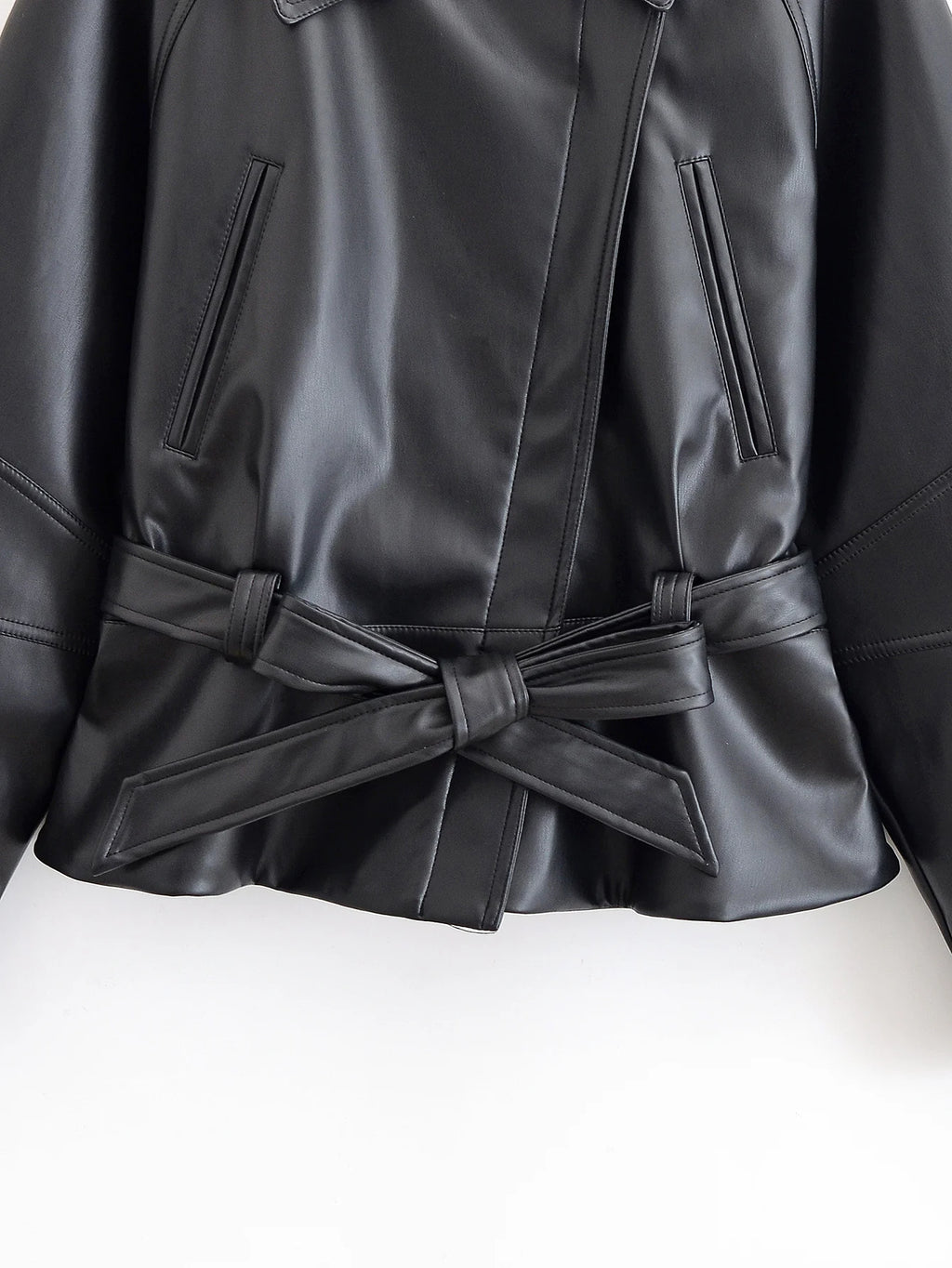 HH Women Fashion Black Short Faux Leather Trench Coat Long Sleeve Lapel Jacket With Belt Vintage Lady Motorcycle Jacket Outwear