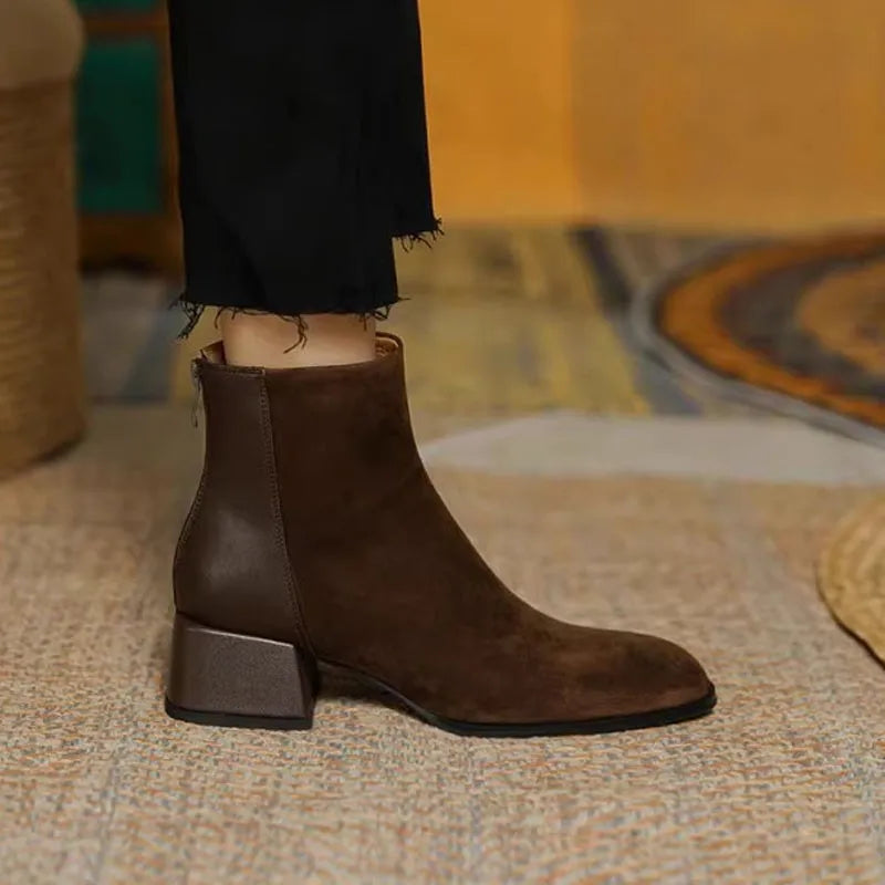 Faux Suede Boots – Round Toe Low Heel Back Zip Flannel Lined