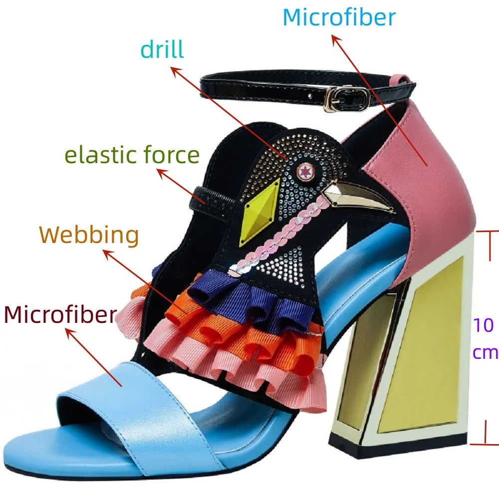 【JOCHEBED HU】New Designer High Heel Shoe Summer Sandals Ruffle Bird Decor Party Rhinestone Chunky Heel Novelty Sandalias 33-44