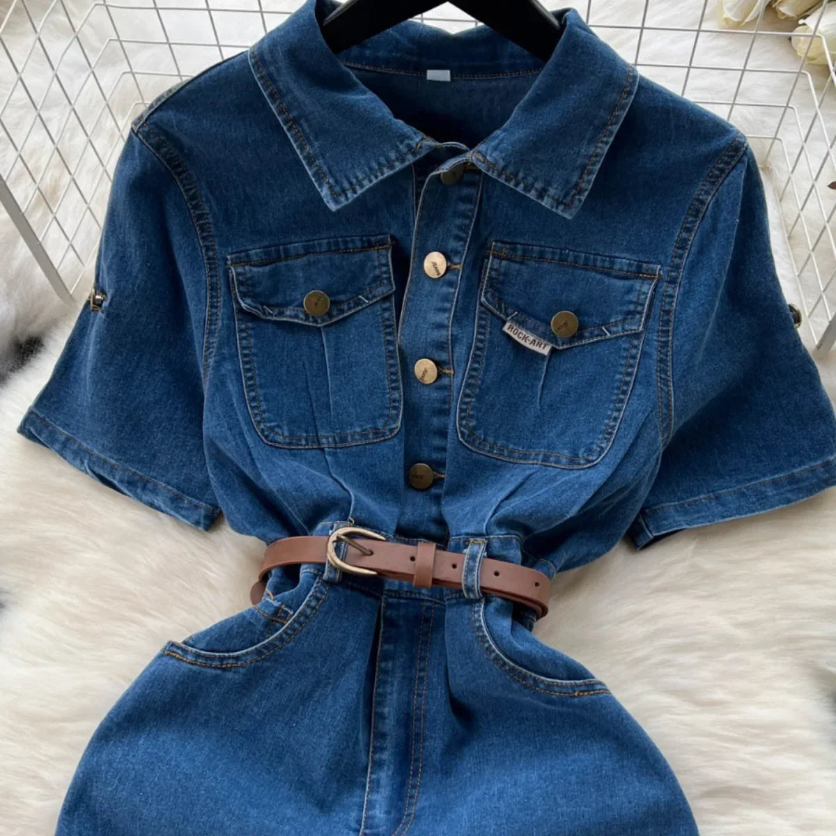Design Sense Niche Denim Short-sleeved Dress Women. Korean Version Summer Leisure Temperament in The Long Slim-fit Shirt Dress