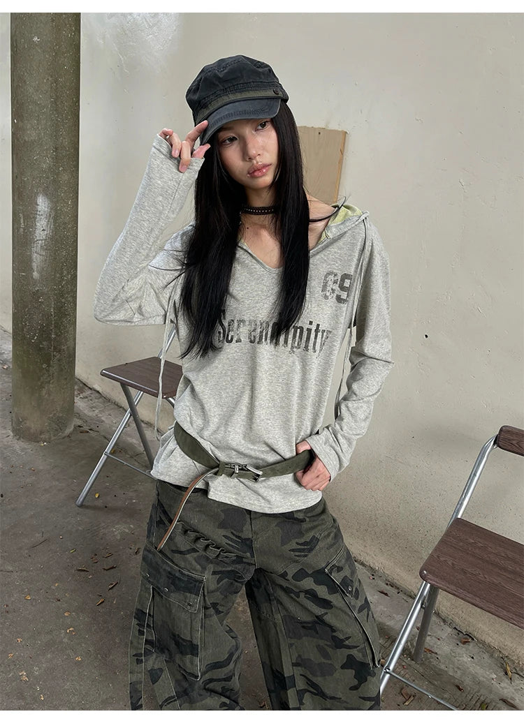 Genayooa Vintage Graphic Tops Women Long Sleeve Y2k Japanese T Shirt With Hooded Streetwear American Retro Grunge Tops E-girls