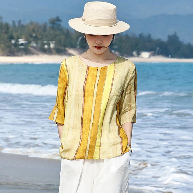 100% Linen Women Casual T-shirts New Arrival 2026 Summer O-neck Striped Loose Comfortable Female Half Sleeve Tops Tees M2571