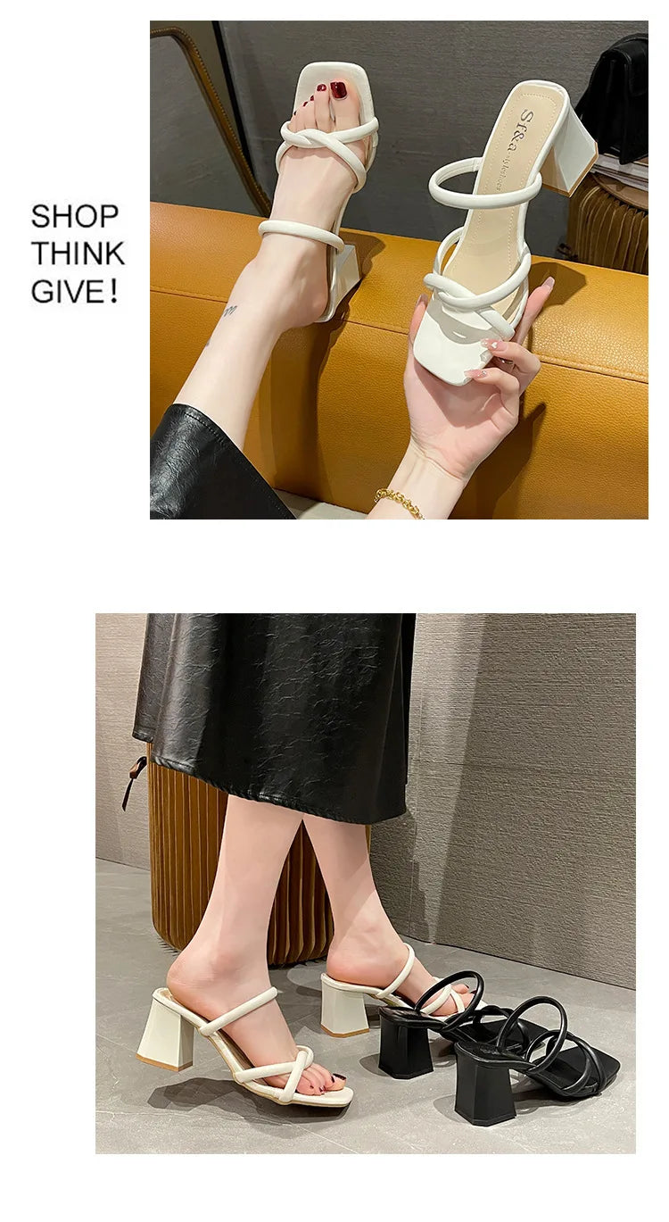 New Summer Fashion Bare-Toed Square-Head Mid-Heel Shoes Pleated Chunky Sandals with A-Line Single Shoe Women