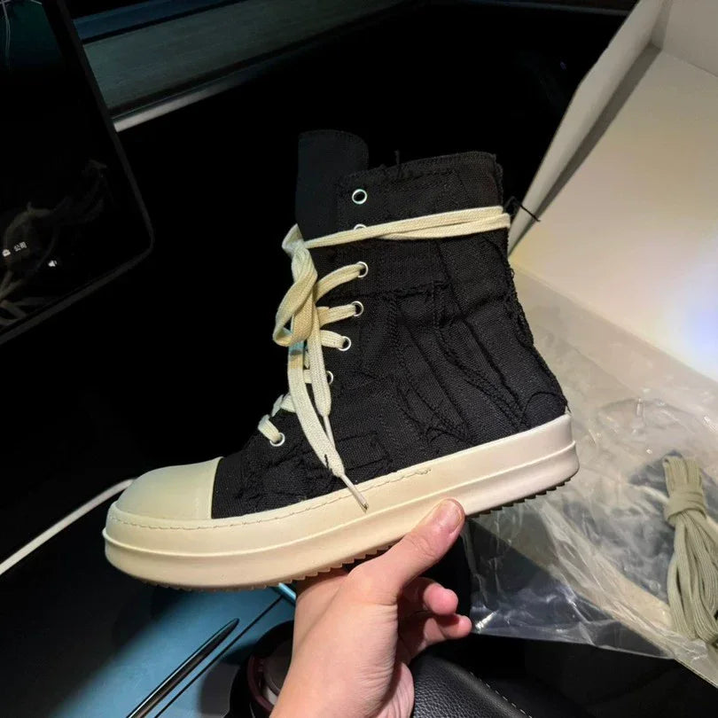 Men's High Ankle Sneakers - Jumbo Shoelace Canvas Flats Rick Owens Style