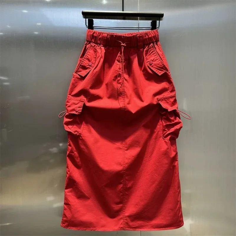 Women Y2k Cargo Long Skirt High Waist Drawstring Maxi Skirt Ruched Vintage Split Elastic Waist Cargo Skirt with Pockets