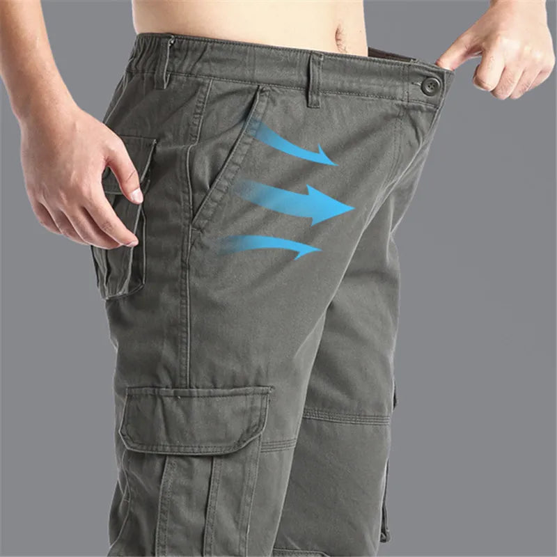 Men's Tactical Cargo Pants - Large Pockets Elastic Waist - Pure Cotton Outdoor