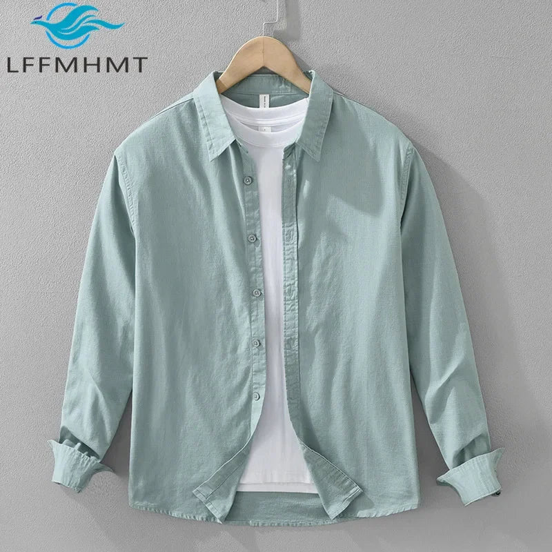 LINEN COTTON CASUAL SHIRT - Men's Loose Fit Long Sleeve Breathable Lapel Blouse Solid Color - 7 Colors