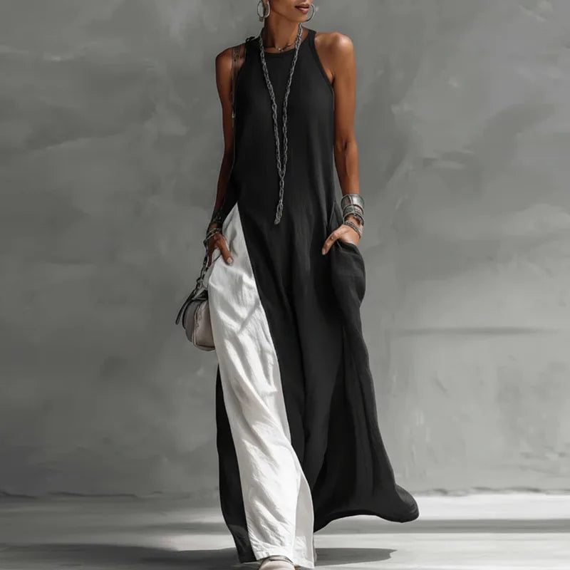 Casual Sleeveless Summer Boho Vacation Maxi Dress for Women - Sexy O-Neck Contrast Color Long Dress with Pockets - Spring A-Line Party Dresses