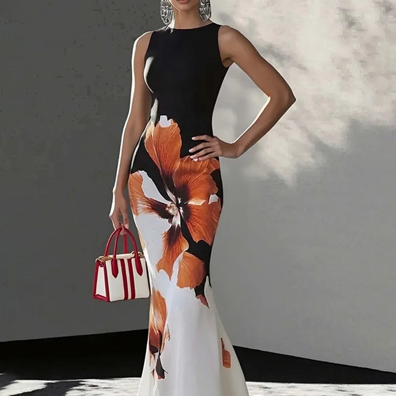 2026Spring new women's clothing European and American cross-border dresses Fashionable and elegant slim-fit waist-cinching print