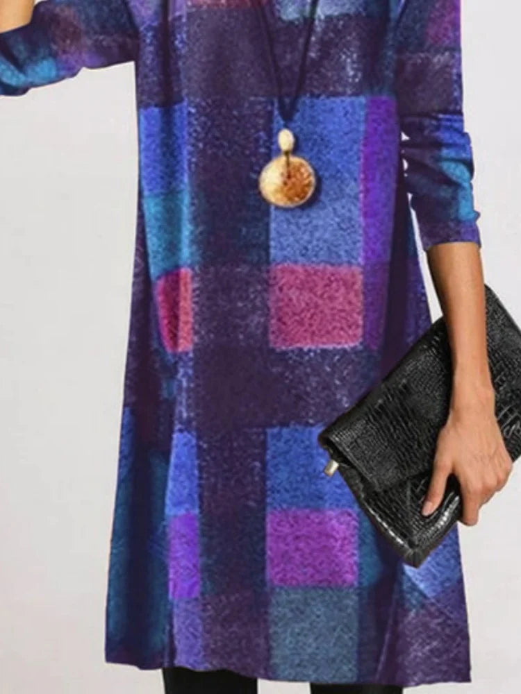 Vintage High Neck Long Sleeve Dresses Plaid Thick French Style Elegant Office Commuting Cashwool Frock Ladies Dress Costume