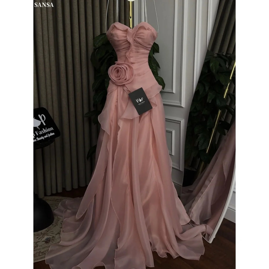 Sansa Customized ROSE Pink elegant Sleeveless Satin Cascading Ruffle Prom Dresses Illusion vestidos de noche Formal Evening 2026