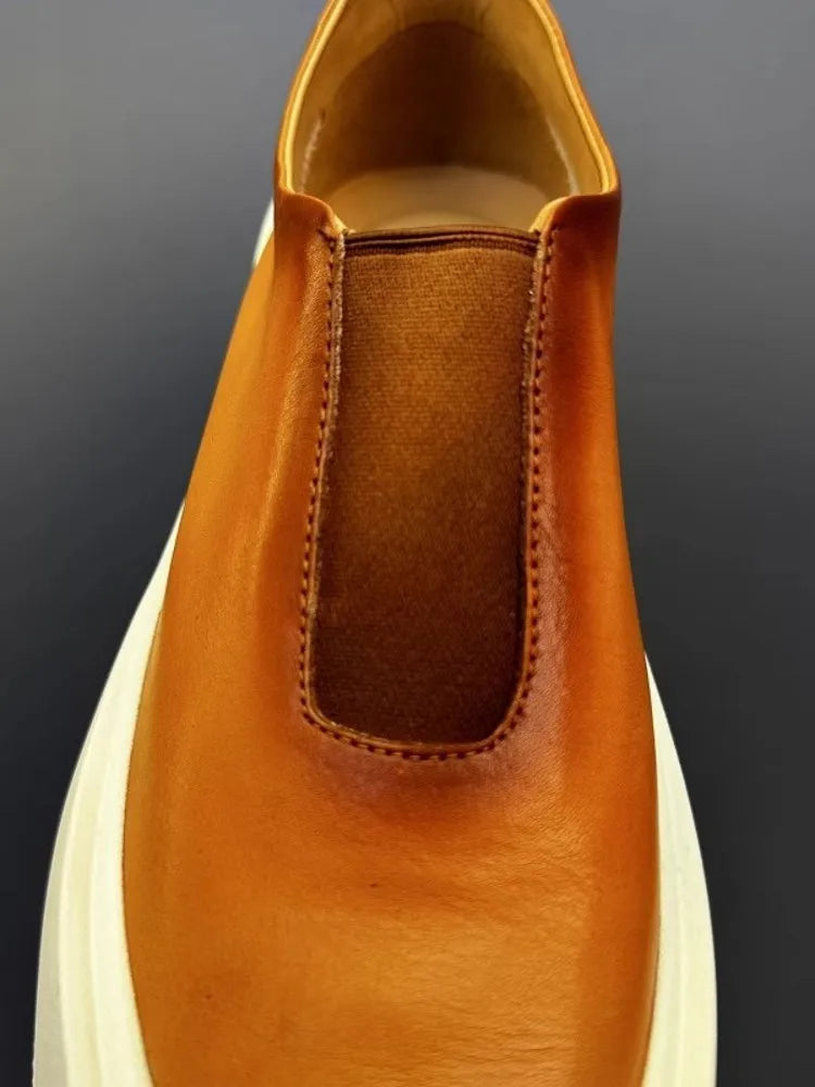 SKATE NOBLE - Men's Cowhide Leather Slip-On Loafers - Vintage Round Toe, Thick Platform