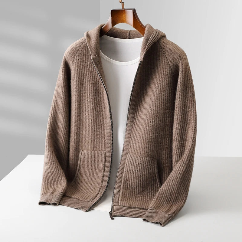 Men's Merino Zip Cardigan - Hooded Knit - Everyday Warmth
