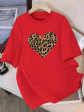 Summer T-Shirts Women Simple Leopard Print Heart Printing T Shirt O-Neck Comfortable Top Street Womans Clothes Aesthetic Clothes