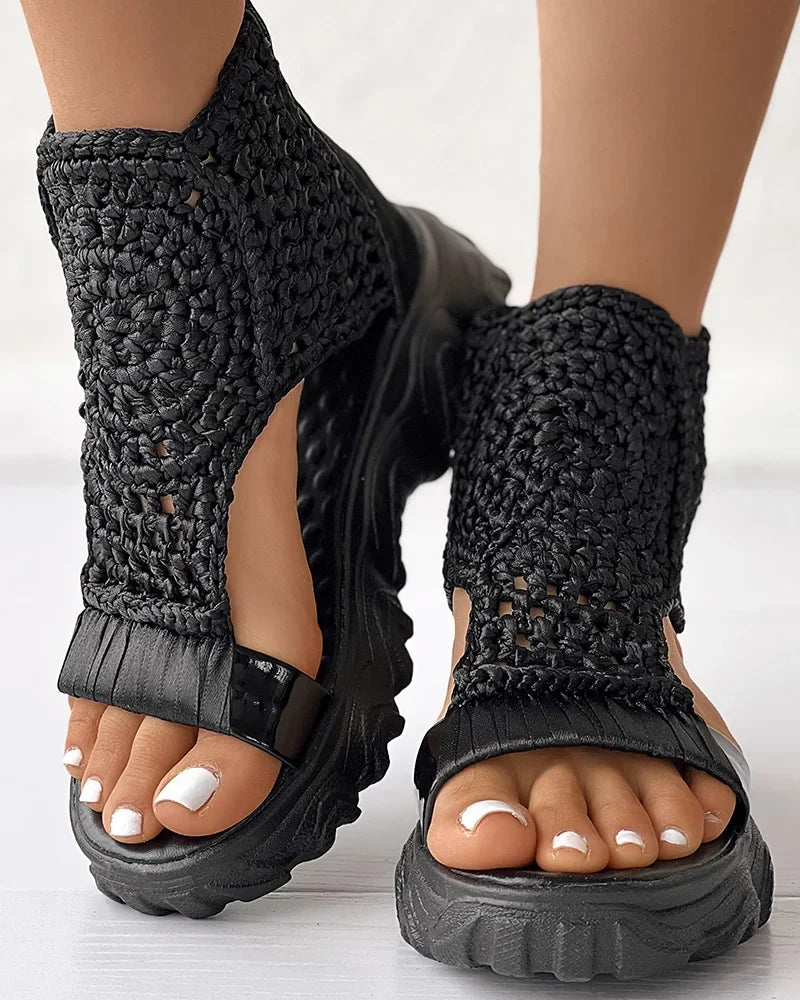 Hot Seller Gold Knitted Sandals for Women Braided Elastic Summer Shoe Mesh Flat Bottom Hollow Out Female Sandals Sandalias Mujer