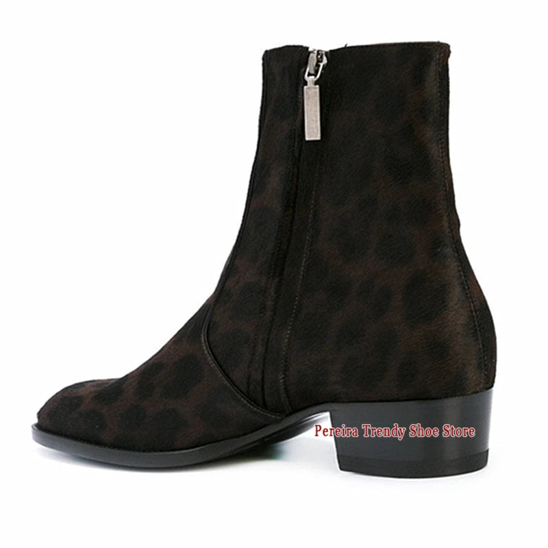 LEOPARD CHELSEA BOOTS - Men's Handmade Genuine Leather Side Zipper Mid Heel - Trendy & Bold