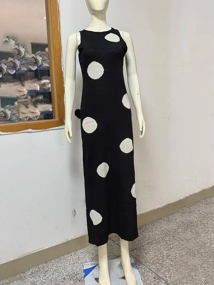 Tornova 2025 Polka Dot Knitted Maxi Dress Female Sleeveless Bohemian Beach Perspective Long Dress Straight Tank Dress Summer New