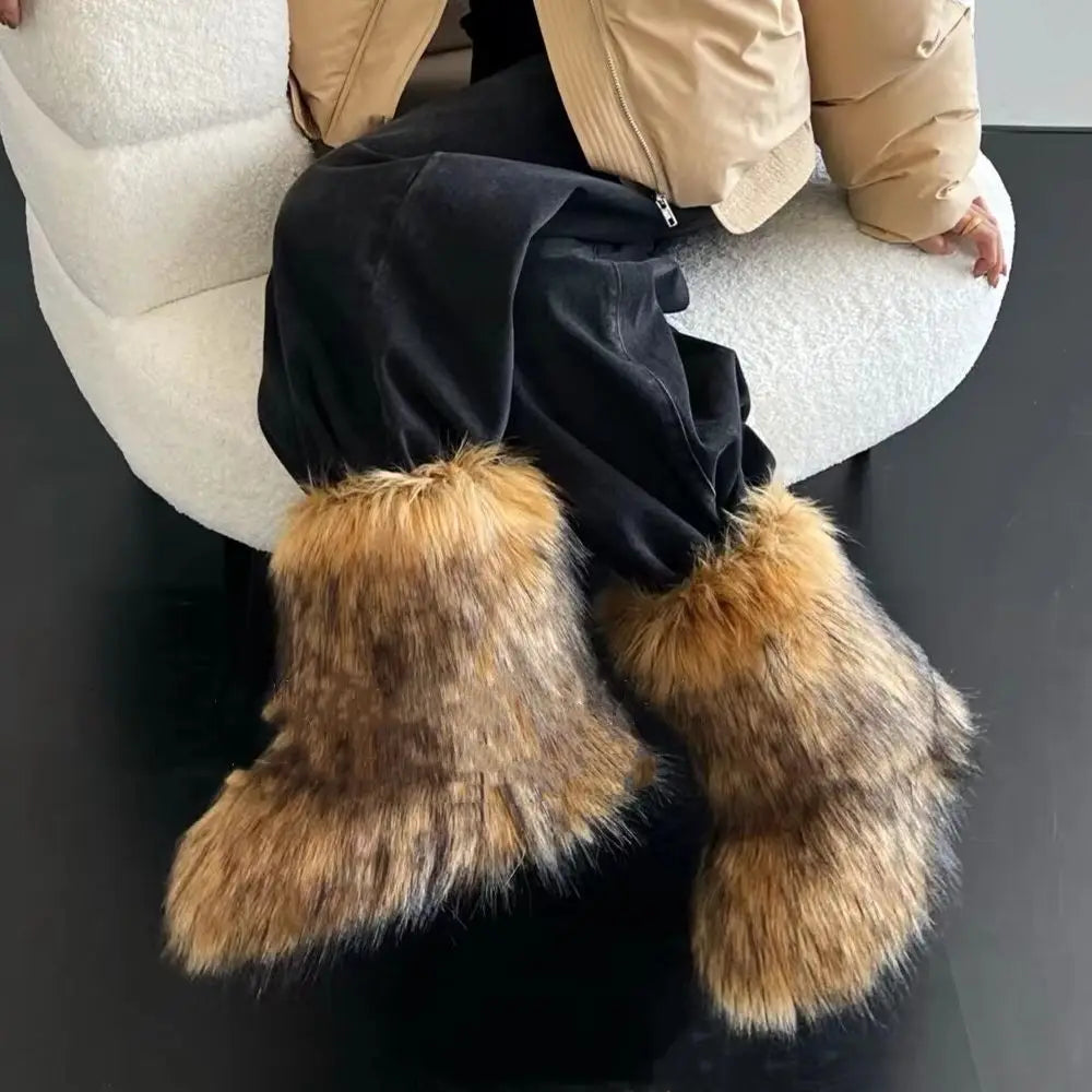 Faux Fox Fur Snow Boots – Plush Warm