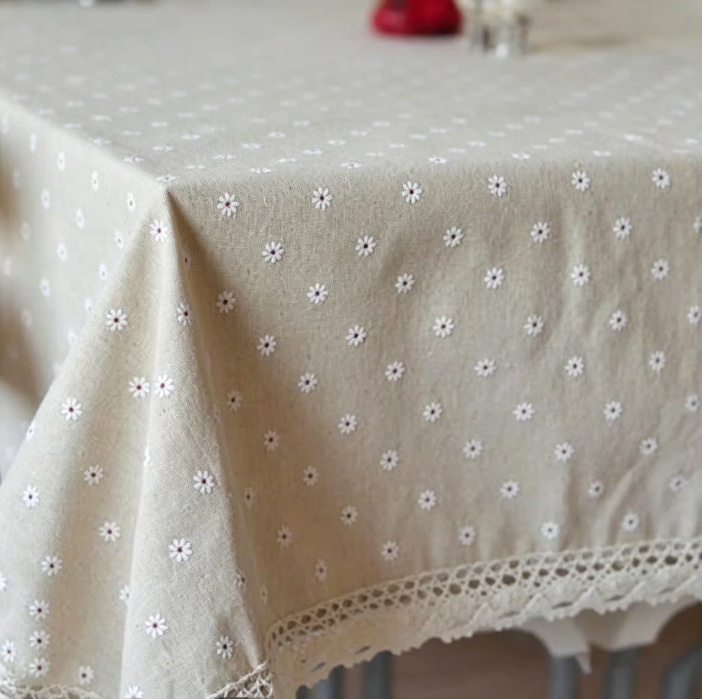 FLORAL PRINTED LINEN TABLECLOTH - Cotton Linen Daisy & Cherry Blossom - Garden Table, Sunday Mood