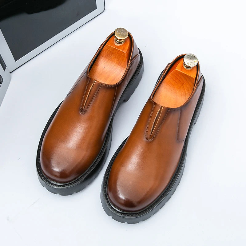 Men's Cowhide Loafers - Thick Sole Round Toe Breathable Casual Leather Shoes