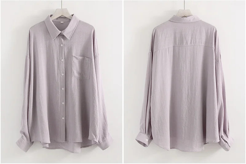 Streamgirl Summer White Linen Shirts For Women Oversized Long Sleeve Tops Lady Loose Basic Linen Tops Women Blue Shirts Oversize