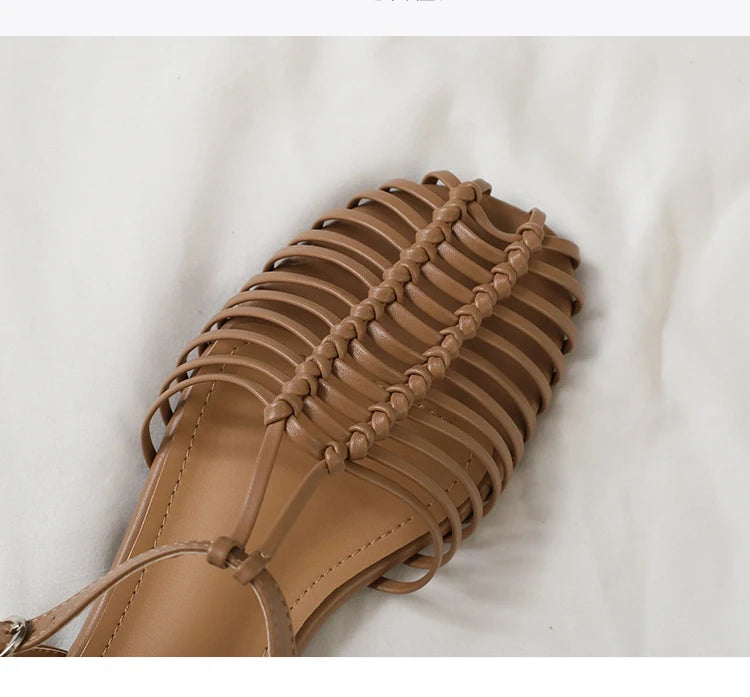 Band Flat Sandals Women Summer Round Toe Ankle Buckle Hollow Roman Sandal Plus Size Beach Shoe