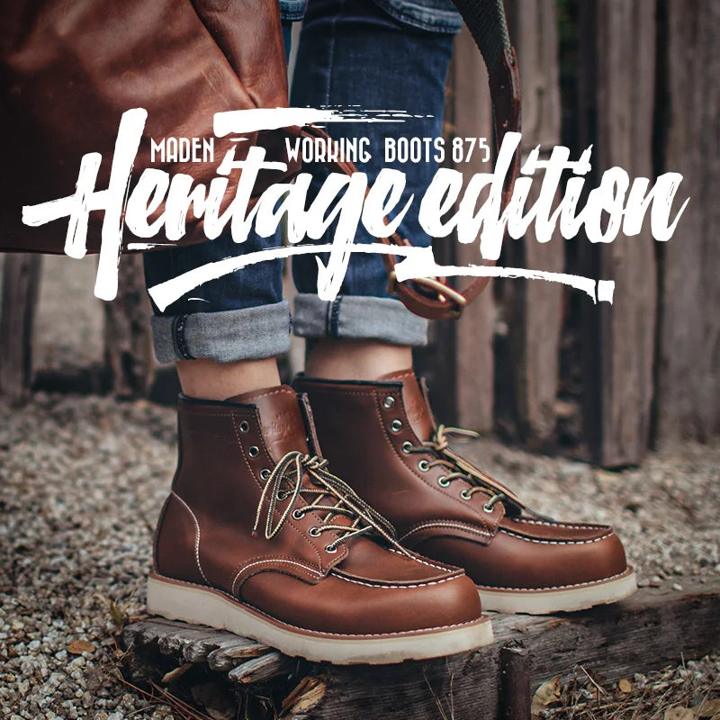 Maden Men's Split Leather Work Boots - Vintage Crazy Horse Mid-Calf Lace-Up Winter Boots