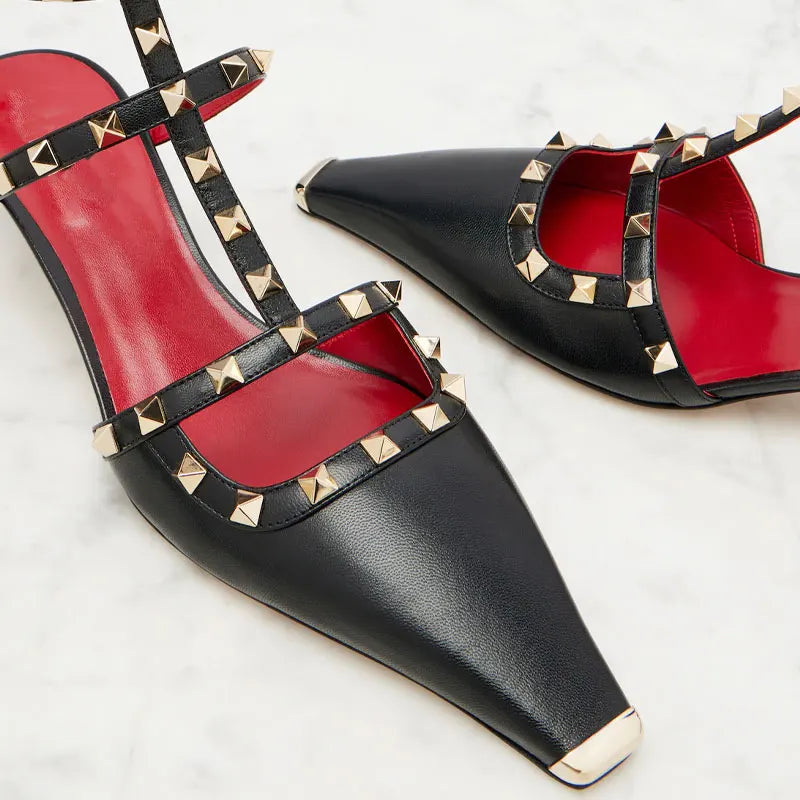 Studded High Heel Sandals – T-Strap Pointed Toe Stiletto Party Heels