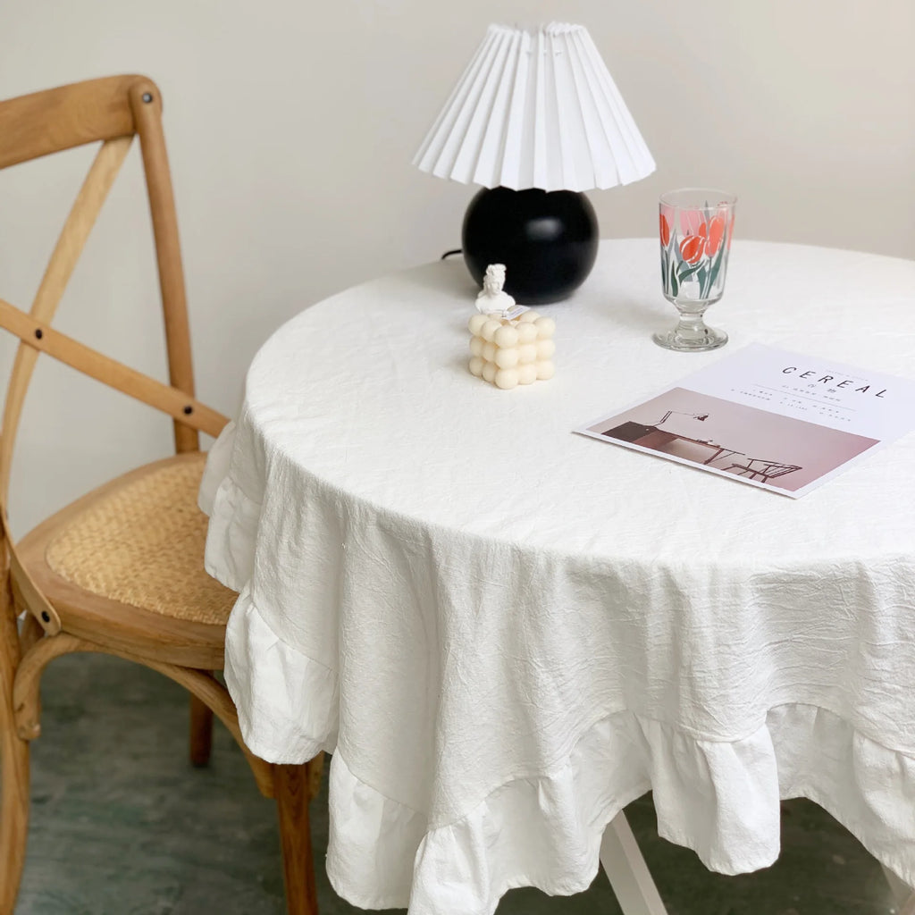 VINTAGE RUFFLED TABLECLOTH - White Cotton, Ruffled Edge - Soft Table Styling