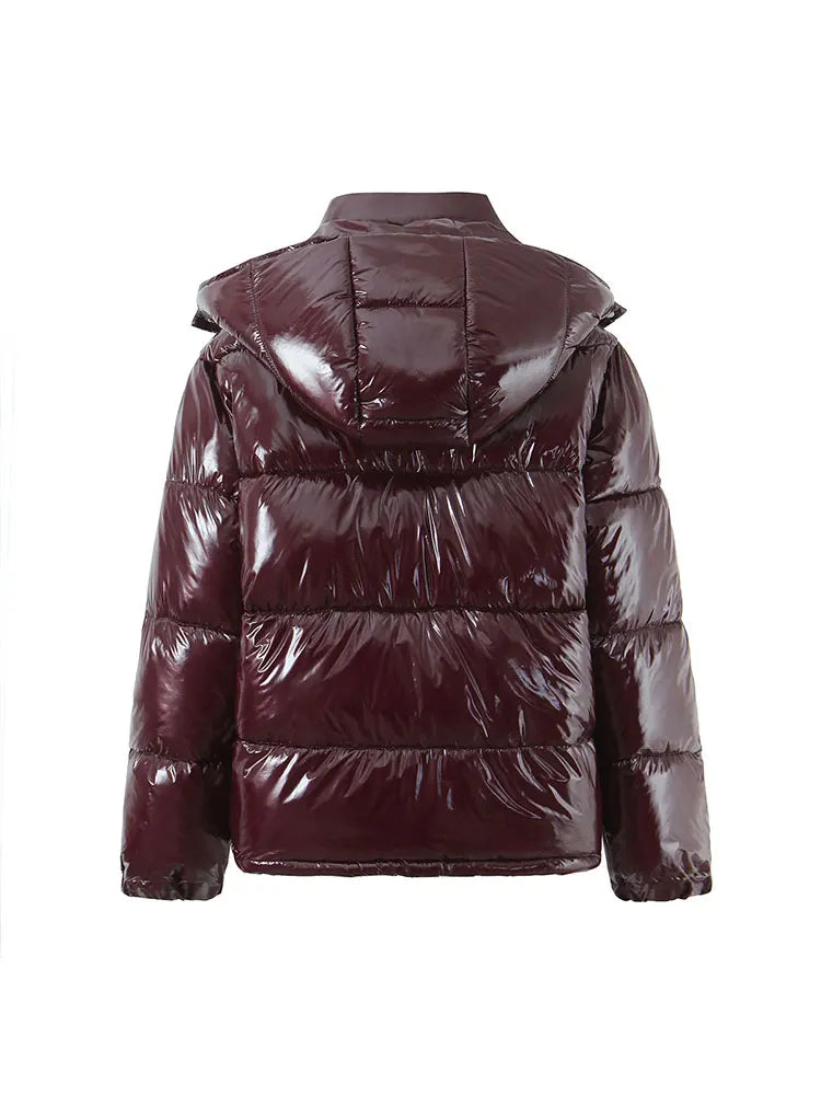 Glossy Hooded Parka – Y2K Stand Collar Zip Long Sleeve