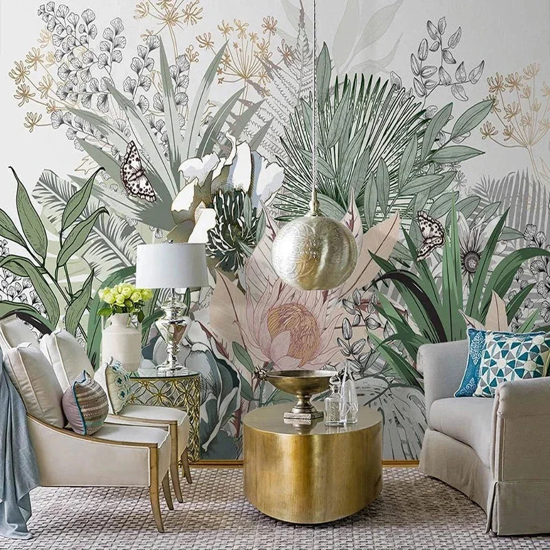 TROPICAL MURAL WALLPAPER - Custom Size - Hand-Painted Foliage