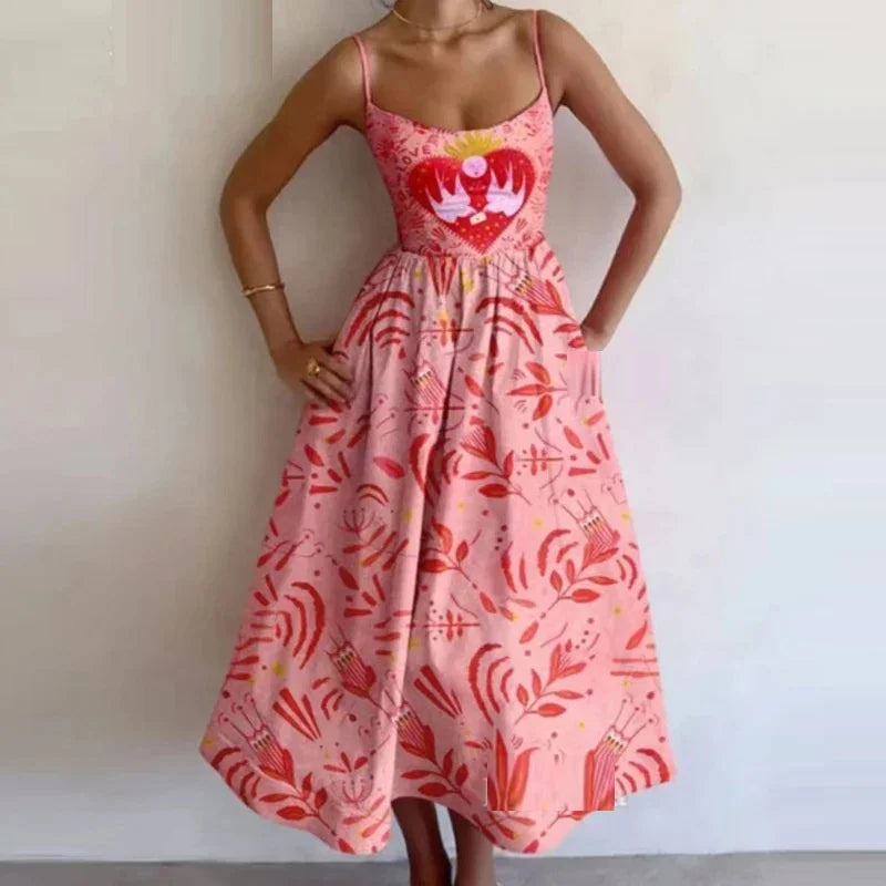 Retro Luxury Sardines Dress For Women Sexy Hand-Painted Printed Elegant Vest Summer 2025 Ladies Tight Chic Strap Long Dress