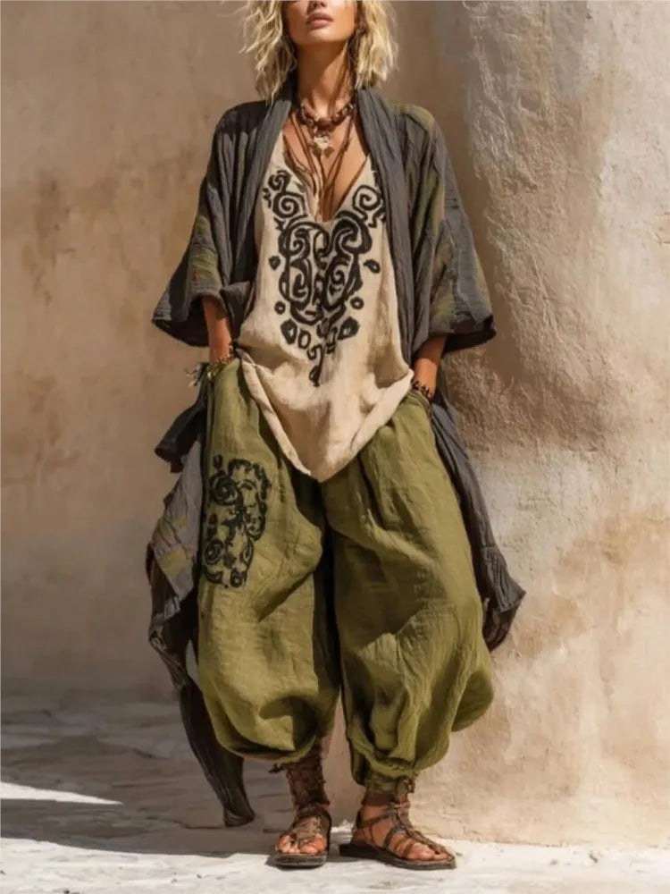 Bohemian Retro Print Set - Wide Leg Pants Streetwear