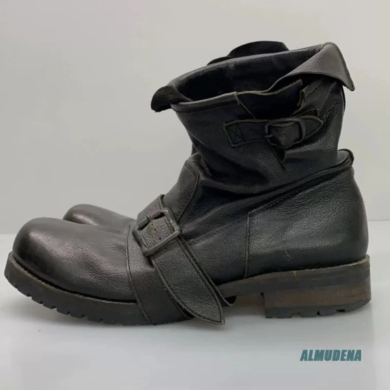 Urban Combat Boots - Buckle Strap Round Toe Low Heel Minimalist Street Style