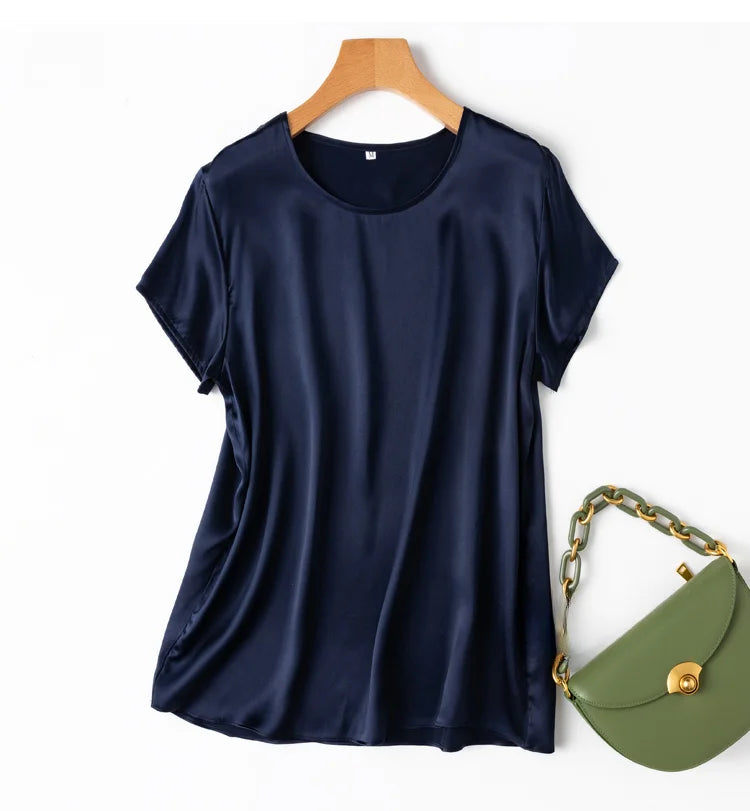 100% Mulberry Silk 19 Momme Charmeuse Silk Women Tank Top T-shirt Short Sleeve Shirt Blouse Solid Colors Summer M L XL AA4270