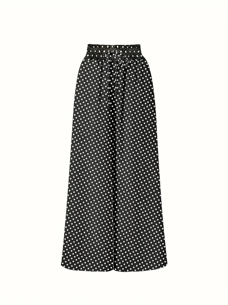 2025 Spring/Summer Bohemian Wide-Leg Pants with Elastic Waist and Polka Dot Print Long Skirt Pants for Women