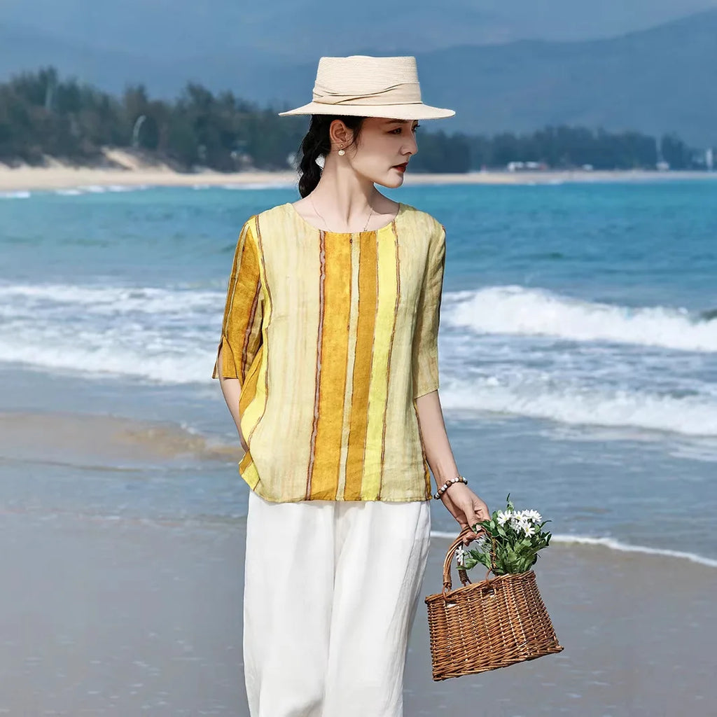 100% Linen Women Casual T-shirts New Arrival 2026 Summer O-neck Striped Loose Comfortable Female Half Sleeve Tops Tees M2571