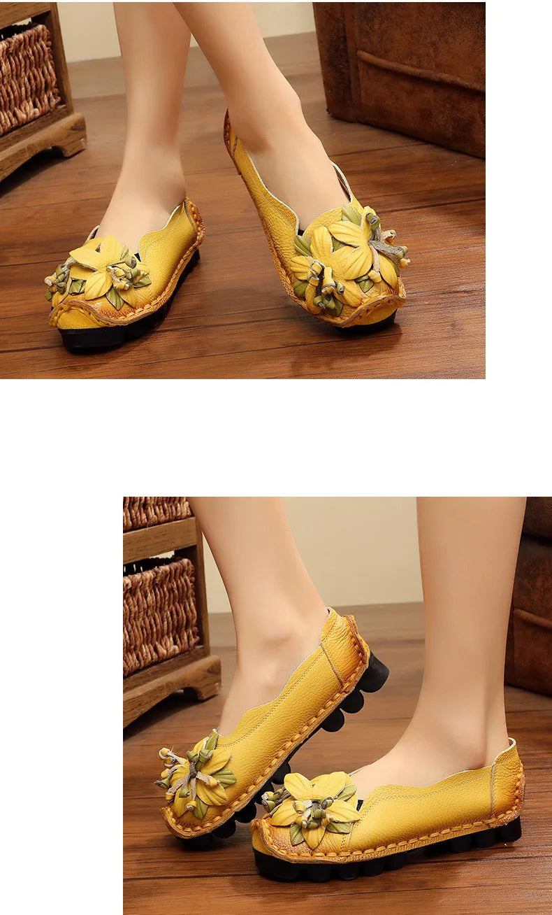 WOIZGIC Women Female Mother Ladies Genuine Leather Shoes Flats Loafers Non Slip On Flowers Retro Moccasins Plus Size 41 42