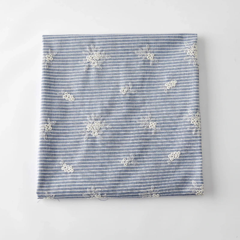Ins Style Light Blue Striped Embroidered Polyester Cotton Fabric for Dress Shirt Kids Clothing DIY By The Yard