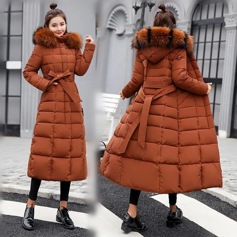 Long Slim Coat - Fox Fur Collar & Bow Belt