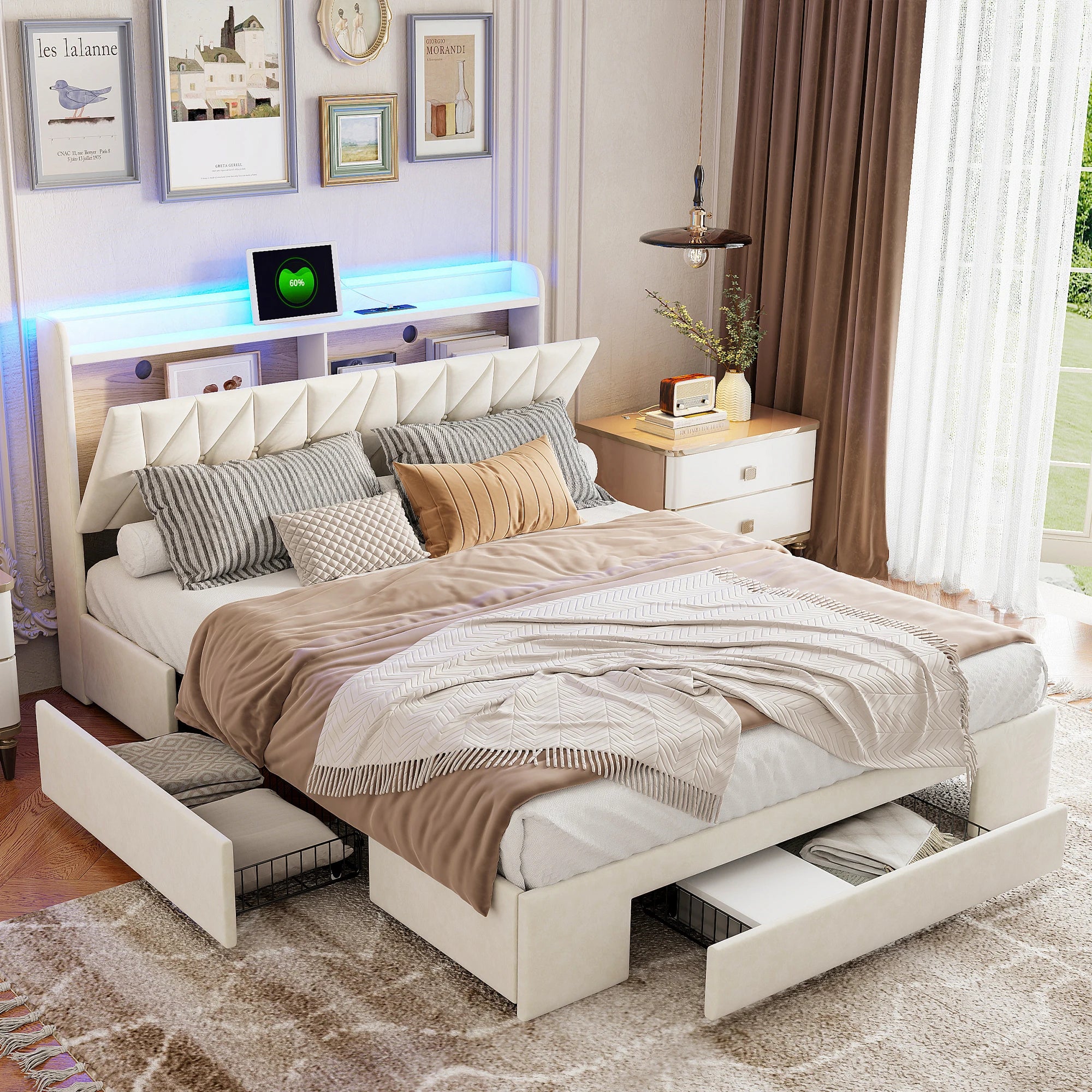 VELVET HAVEN - Upholstered Storage Bed - LED, USB Charging, 3 Drawers