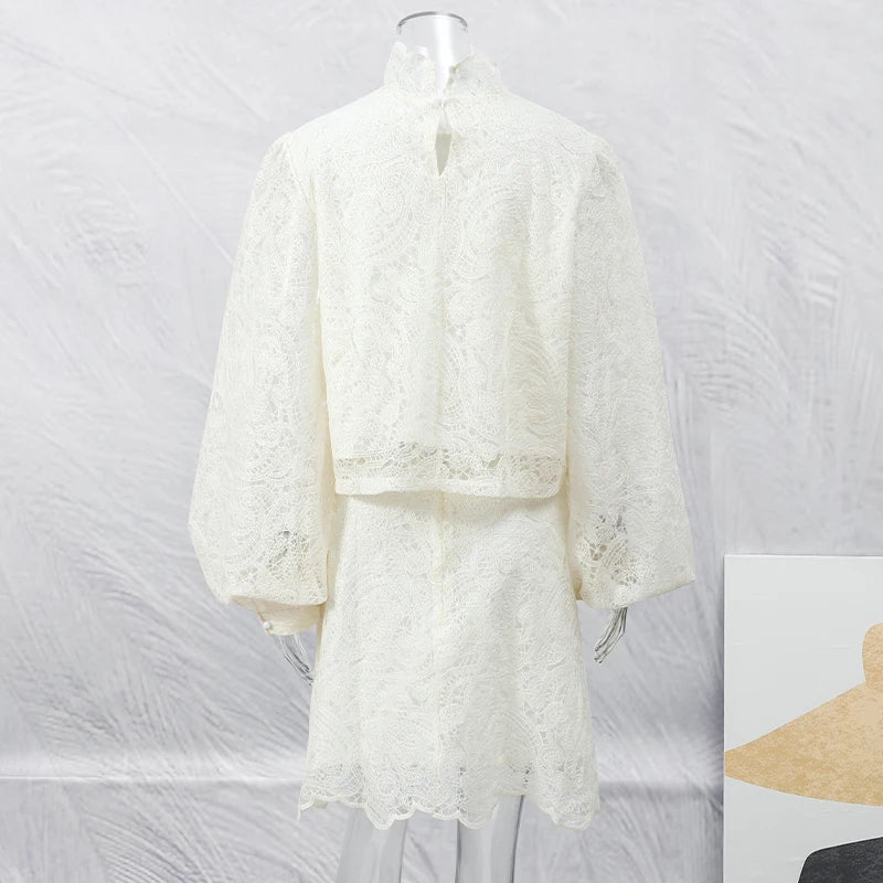 Trendy Lady Hollow Out Lace Mini Dress Elegant 2025 New Long Sleeve Designs Chic High Neck Short Vestidos Autumn Club Night Gown