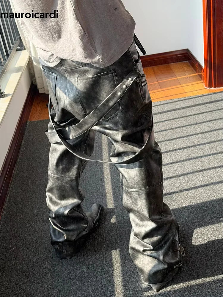 DARK MATTER - Men's Distressed Washed Faux Leather Pants - Punk Straight Trousers