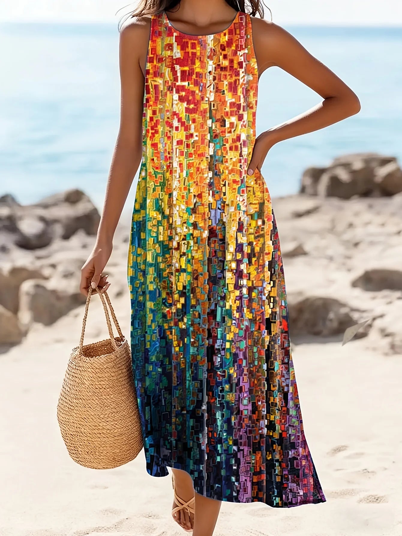 Women's Casual Long Sleeveless Dress with Geometric Color Block Print - A-Line Silhouette Top Vest Printed V-neck Shirt Casual