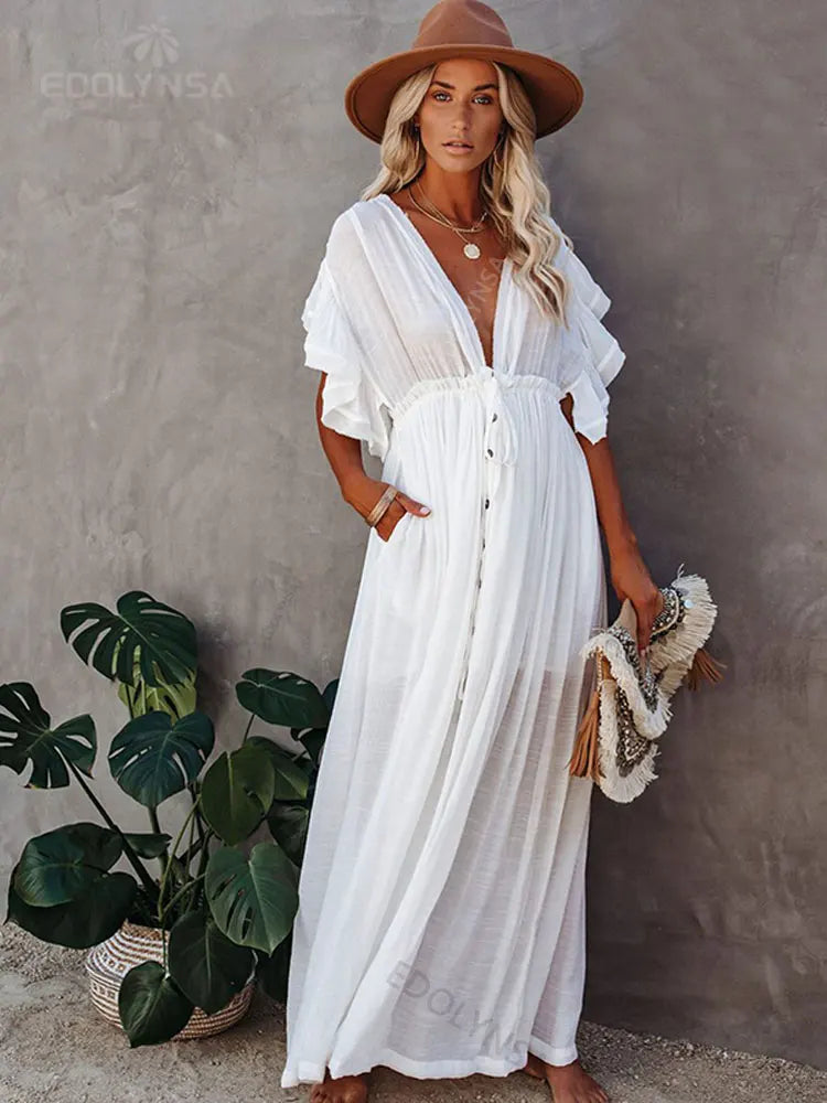 Sexy Deep V-neck Butterfly Sleeve Self Belted High Waist Button Front Open Summer Beach Dress WhiteTunic Women Beachwear Q1208