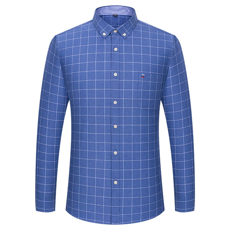 100% Cotton Oxford Men Shirts Long Sleeves Plaid Soft Regular Fit Formal Dress Shirt Pocket Social Blouse Male Clothes S-7XL