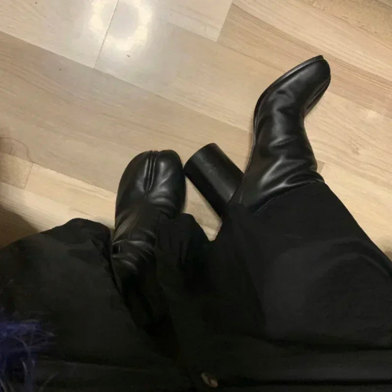 Genuine Leather Tabi Split-Toe Ankle Boots – Chunky Heel
