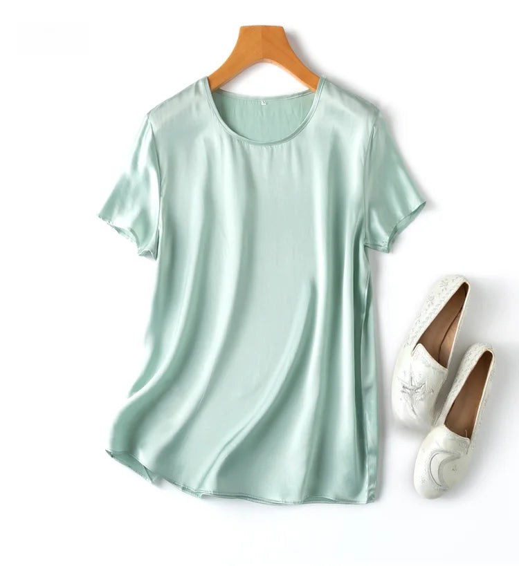 100% Mulberry Silk 19 Momme Charmeuse Silk Women Tank Top T-shirt Short Sleeve Shirt Blouse Solid Colors Summer M L XL AA4270