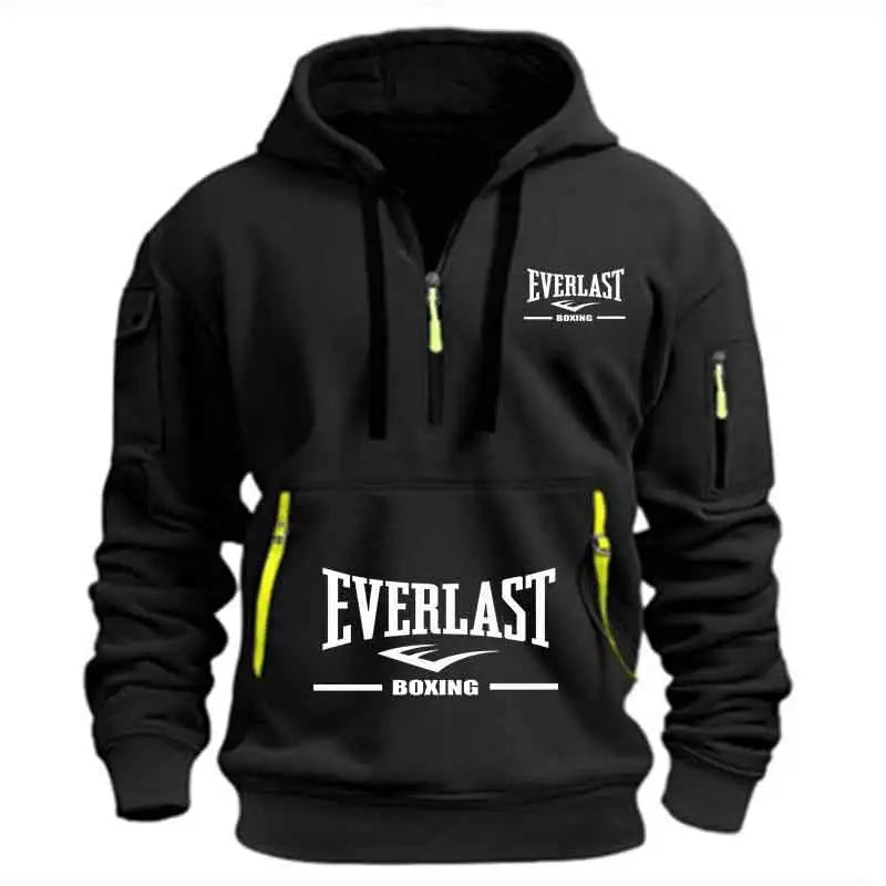 Men's Multi-Pocket Fleece Hoodie - Half-Zip Print - Sports Casual Pullover